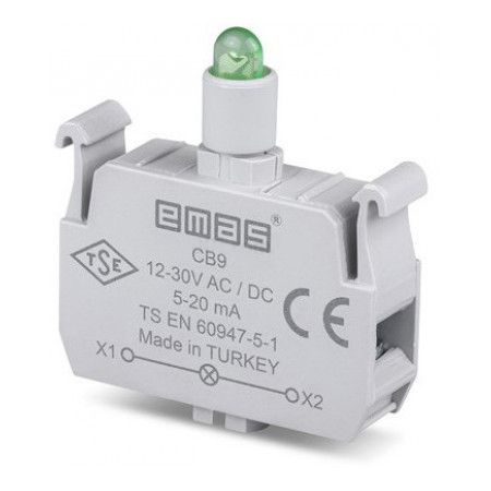 Блок-контакт подсветки CВ9 с зелёным светодиодом 12-30В АС/DC EMAS(CВ9)