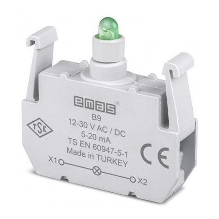 Блок-контакт подсветки В9 с зеленым светодиодом 12-30В АС/DC EMAS(B9)