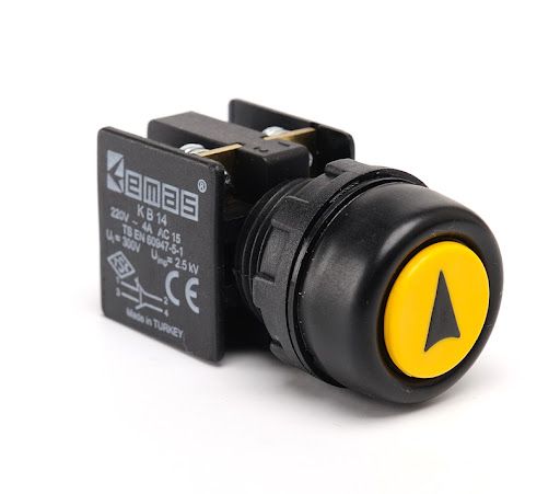 Кнопка KB14RS-O нажимная с водозащ. кольцом и стрелкой (1НО+1НЗ) жовта(KB14RS-O)