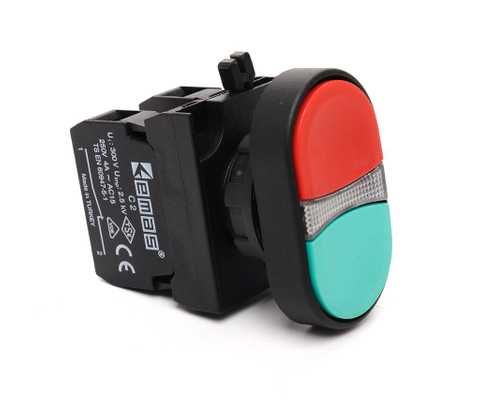 Кнопка сдвоенная CP102K21KY красно-зелёная пластик виступаюча IP65 EMAS(CP102K21KY)