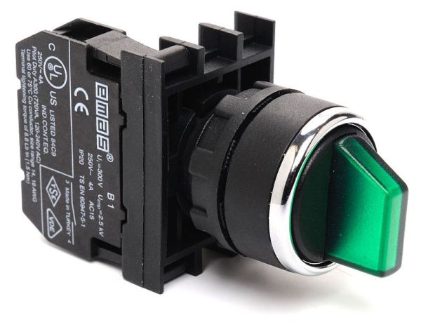 Переключатель B100SL20Y 0-1 с фикс. зеленый с подсв.  (1НО) EMAS(B100SL20Y)