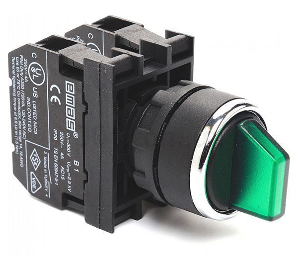 Переключатель B101SL30Y 2-0-1 с фикс. зеленый  (2НО) EMAS(B101SL30Y)