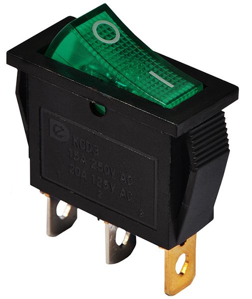 Переключатель 1 кл. KCD3-101N GR/B 220V ВМЕСТО YL202-01 (зеленый с подсветкой узкий) АСКО(A0140040028)