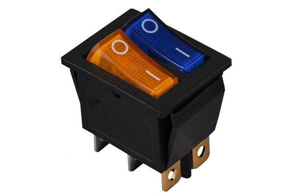 Переключатель 2 кл. KCD2-2101 BL+YL/B (жёлтый+синий с подсветкой) АСКО(A0140040112)