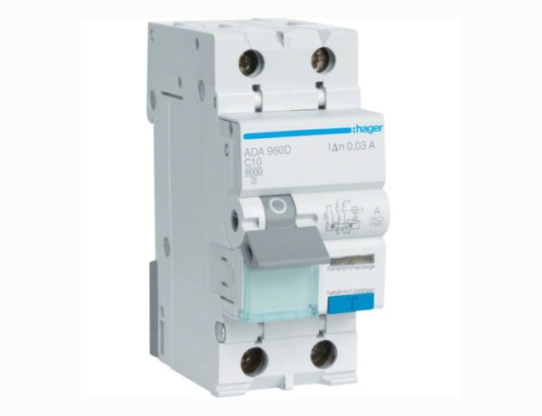 Вимикач диференційний ADA960D 1P+N 6кA C10A 30мА тип A HAGER(ADA960D)