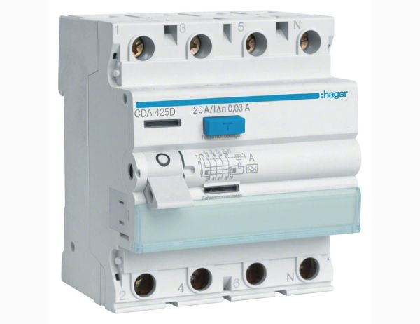 Реле диференційне CDA425D 4p-25А/30мА тип А HAGER(CDА425D)