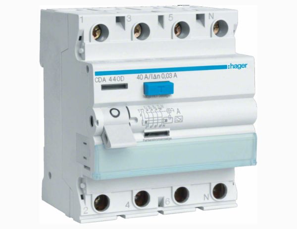 Реле диференційне CDA440D 4p-40а/30мА тип А HAGER(CDА440D)