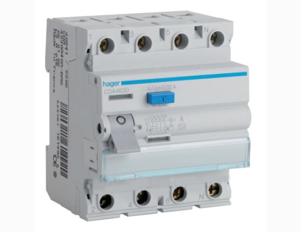 Реле диференційне CDA463D 4p-63А/30мА тип А HAGER(CDA463D)