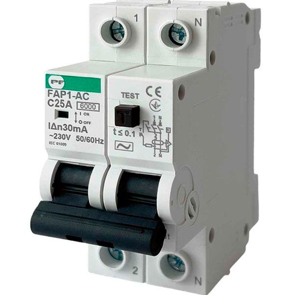 Автомат защитного отключения FAP1-AC "C" 25A/0.03A 2P 6kA Промфактор(FAP01C25030AC)