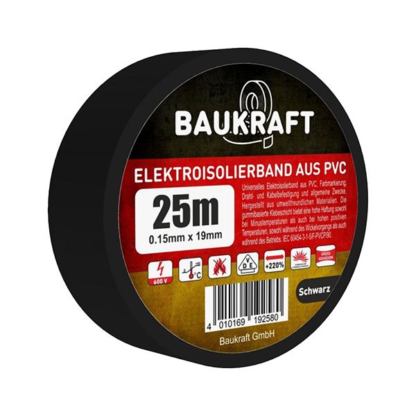 Ізострічка ПВХ 0,15*19*25м чорна BAUKRAFT, Germany(166494)