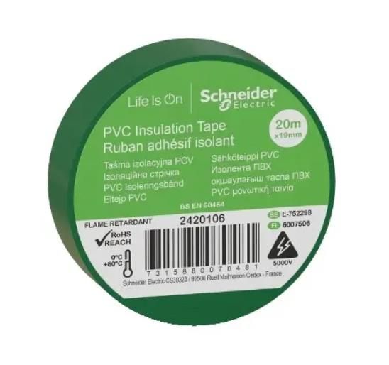 Ізострічка ПВХ 19mm x 20m зелена 2420106 Schneider Electric(2420106)