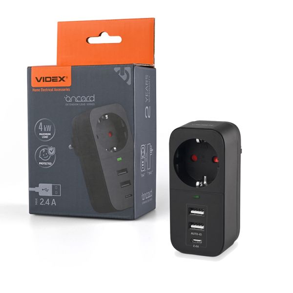Сетевой адаптер 1п с з/к 2.4A 2USB+USB-C Black VF-AD1G2U1C-B VIDEX ONCORD(VF-AD1G2U1C-B)
