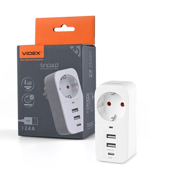 Сетевой адаптер 1п с з/к 2.4A 2USB+USB-C White VF-AD1G2U1C-W VIDEX ONCORD(VF-AD1G2U1C-W)