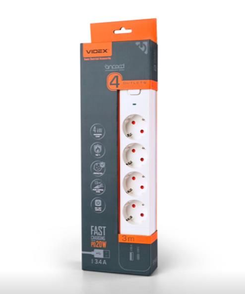 Подовжувач мережевий 4П із з/к 3м., USB+USB-C білий із кнопкою VF-PD43G1QC1PD-W VIDEX ONCORD(VF-PD43G1QC1PD-W)