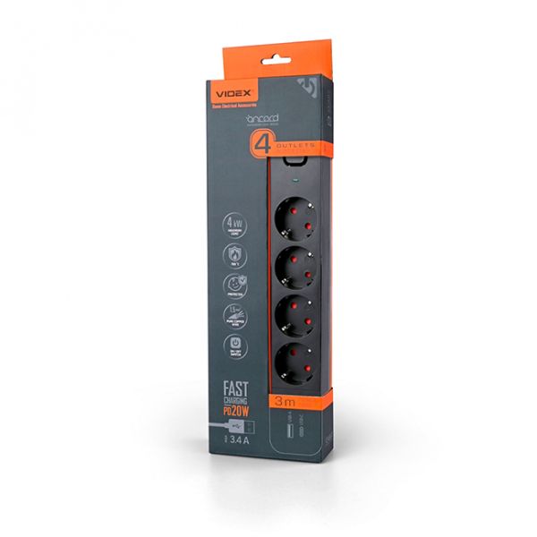 Подовжувач мережевий 4П із з/к 3м., USB+USB-C чорний із кнопкою VF-PD43G1QC1PD-B VIDEX ONCORD(VF-PD43G1QC1PD-B)