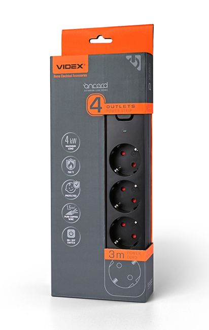 Подовжувач мережевий 4П із з/к 3м., чорний із кнопкою VF-PD43G-B VIDEX ONCORD(VF-PD43G-B)