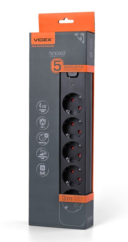 Подовжувач мережевий 5П с з/к 3м., чорний із кнопкою VF-PD53G-B VIDEX ONCORD(VF-PD53G-B)