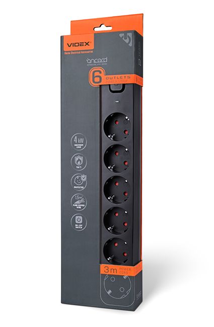 Подовжувач мережевий 6П із з/к 3м., чорний із кнопкою VF-PD63G-B VIDEX ONCORD(VF-PD63G-B)
