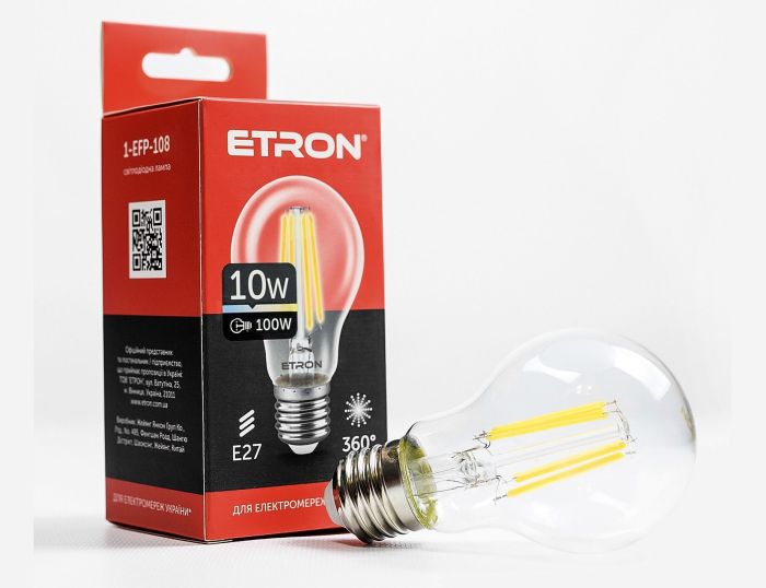 Лампа ETRON Filament Power 10W 4200К E27 A60 1-EFP-108 прозрачное стекло(1-EFP-108)