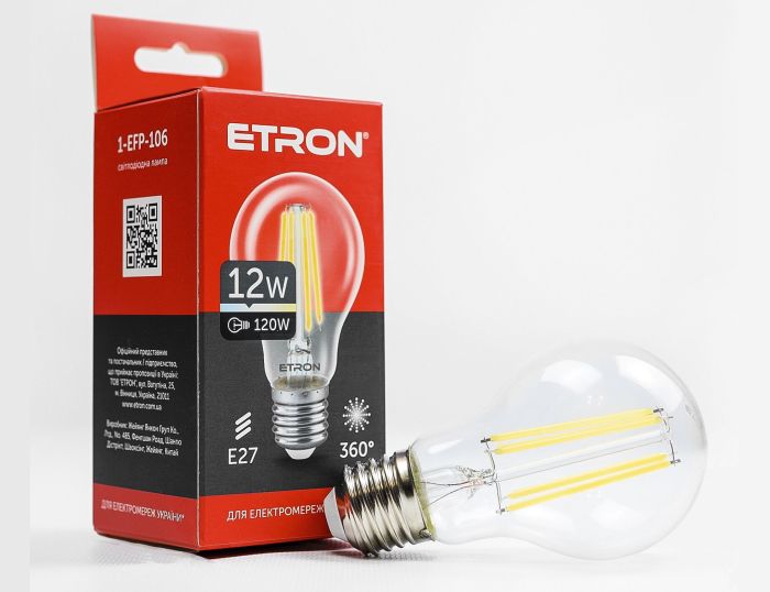 Лампа ETRON Filament Power 12W 4200К E27 A60 1-EFP-106 прозрачное стекло(1-EFP-106)