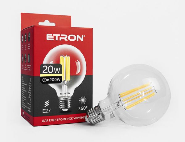 Лампа ETRON Filament Power 20W 3000К E27 G95 1-EFP-171 прозоре скло(1-EFP-171)