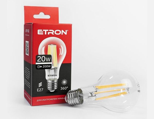 Лампа ETRON Filament Power 20W 4200К E27 A65 1-EFP-102 прозоре скло(1-EFP-102)