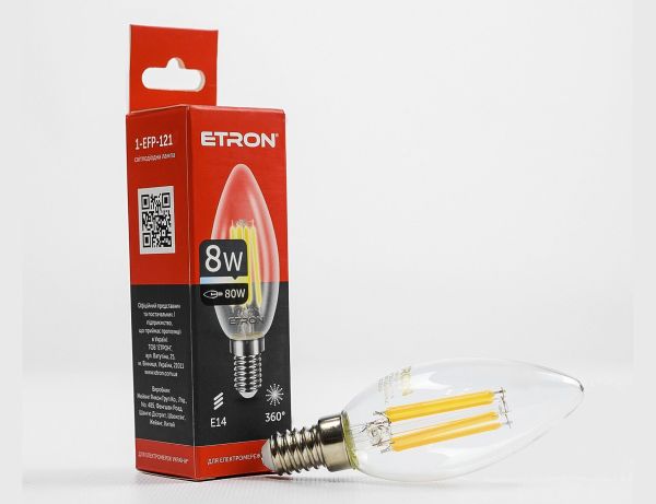 Лампа ETRON Filament Power 8W 3000К E14 C37 1-EFP-121 прозоре скло(1-EFP-121)