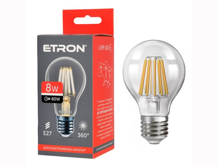 Лампа ETRON Filament Power 8W 4200К E27 A60 1-EFP-110 прозрачное стекло(1-EFP-110)