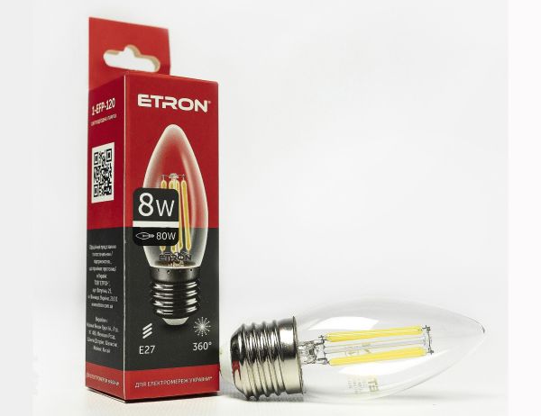 Лампа ETRON Filament Power 8W 4200К E27 C37 1-EFP-120 прозоре скло(1-EFP-120)