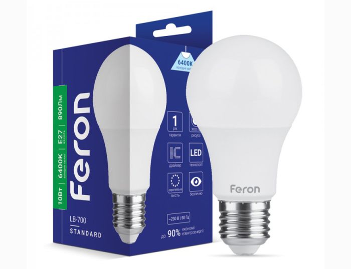 Лампа Feron 10W 6400K E27 А60 LB-700(01754)