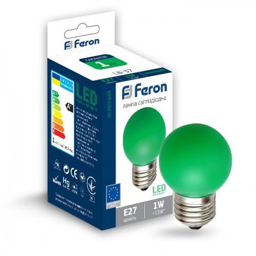 Лампа Feron 1W E27 G45 LB-37 зелёная без пдв(25117)