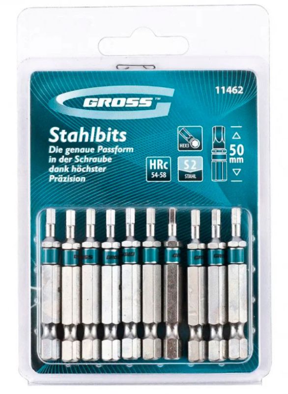 Набор бит HEX 3*50, сталь S2, 10шт. GROSS, 11462(11462)