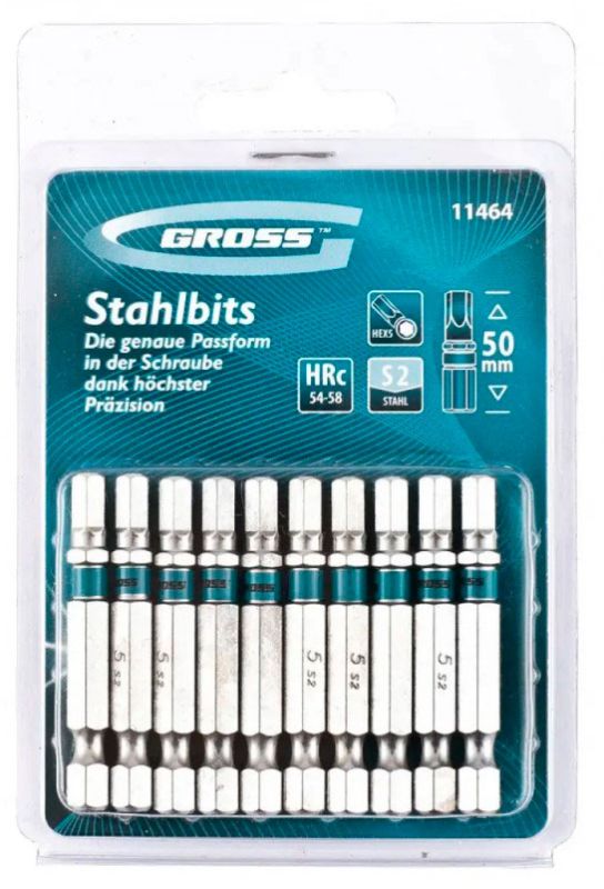 Набор бит HEX 5*50, сталь S2, 10шт. GROSS, 11464(11464)