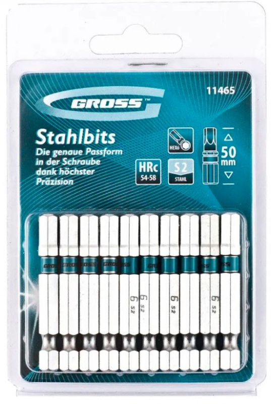 Набор бит HEX 6*50, сталь S2, 10шт. GROSS, 11465(11465)