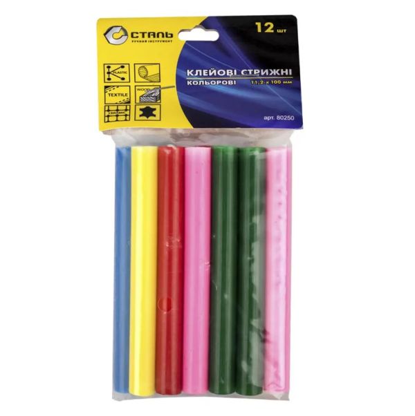 Стержни клеевые 11.2*100мм., разноцветные, 12шт./уп. СТАЛЬ 80250(80250)