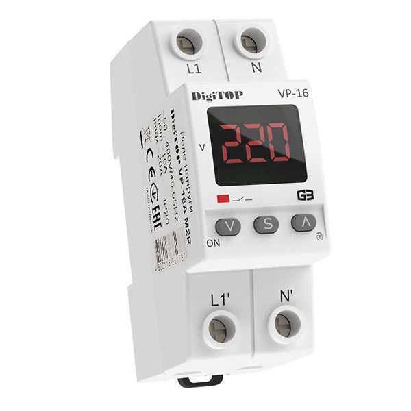 Реле напряжения Vp-16A, M2R 220 В, Iном=10А, Iмах=16А DIN, 2мод. Digitop(VP-16A, M2R)