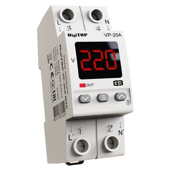 Реле напруги VP-20A M2R, 220 В, Iном=20А, Iмах=30А, DIN, 2мод. Digitop(VP-20A M2R)