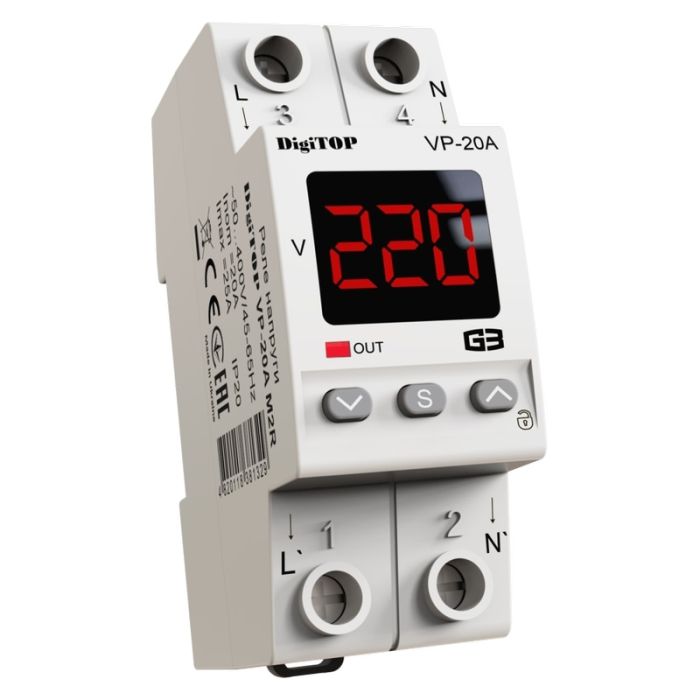 Реле напруги VP-20A M2R, 220 В, Iном=20А, Iмах=30А, DIN, 2мод. Digitop(VP-20A M2R)