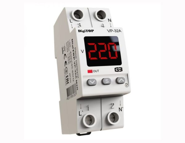 Реле напряжения VP-32A M2R, 220 В, Iном=32А, Iмах=40А, DIN, 2мод. Digitop(VP-32A M2R)