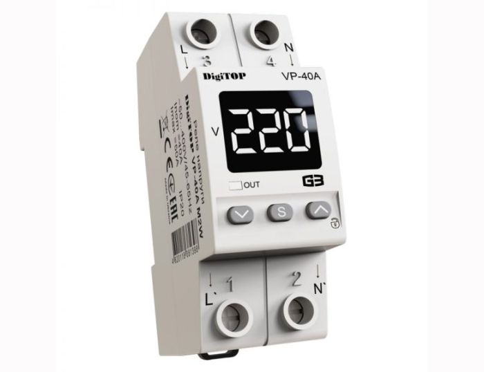 Реле напряжения VP-40A M2W, 220 В, Iном=40А, Iмах=50А, DIN, 2мод. Digitop(VP-40A M2W)