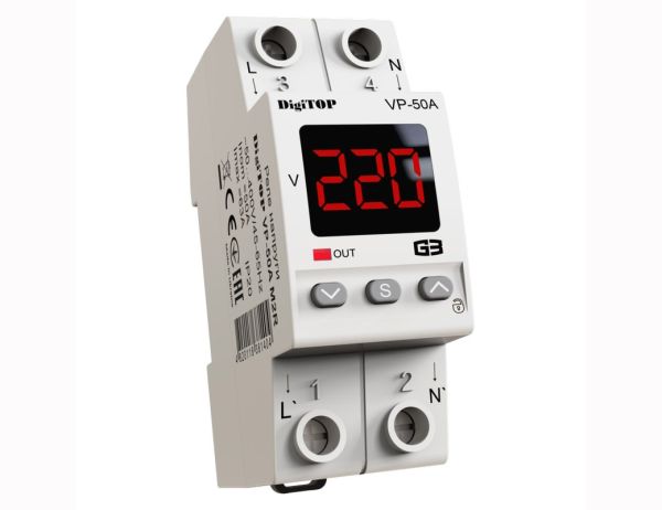 Реле напряжения VP-50A M2R, 220 В, Iном=50А, Iмах=60А, DIN, 2мод. Digitop(VP-50A M2R)