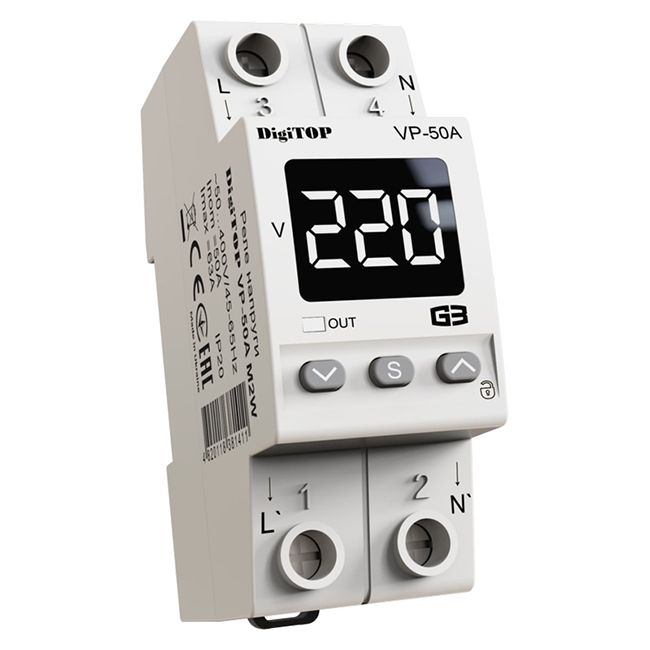 Реле напряжения VP-50A M2W, 220 В, Iном=50А, Iмах=60А, DIN, 2мод. Digitop(VP-50A M2W)