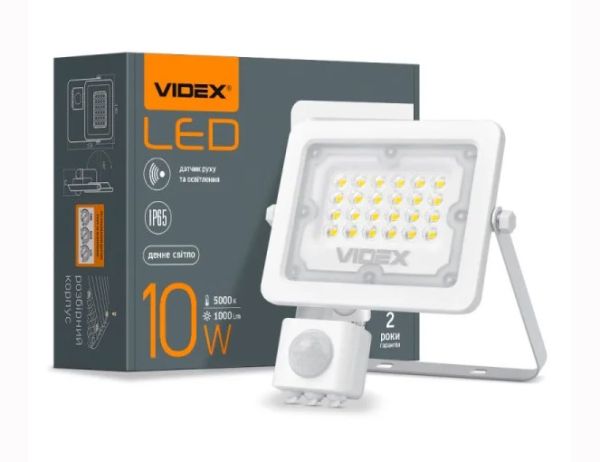 Прожектор LED VIDEX 10W 5000K 220V белый с датчиком движения и освещенности VL-F2e105W-S(VL-F2e105W-S)