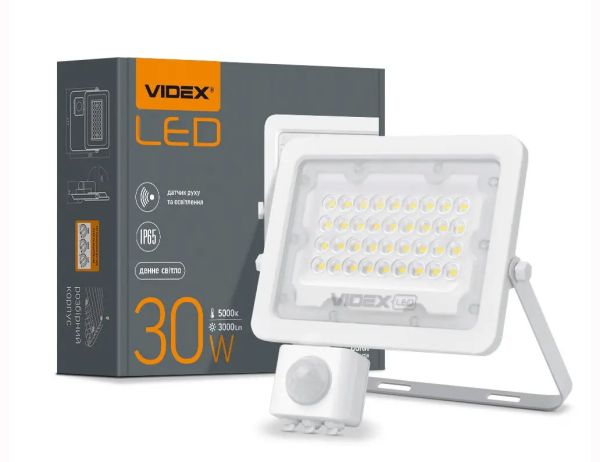 Прожектор LED VIDEX 30W 5000K 220V белый с датчиком движения и освещенности (VL-F2e305W-S)(VL-F2e305W-S)