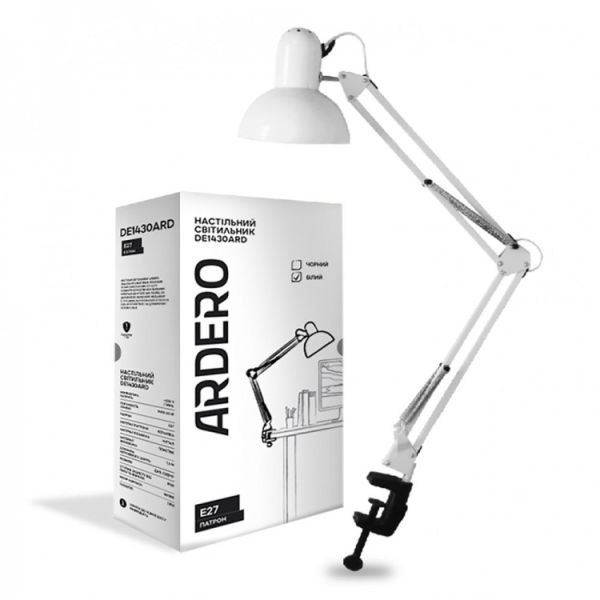 Светильник настольный Ardero DE1430ARD E27 на струбцине белый(7799)