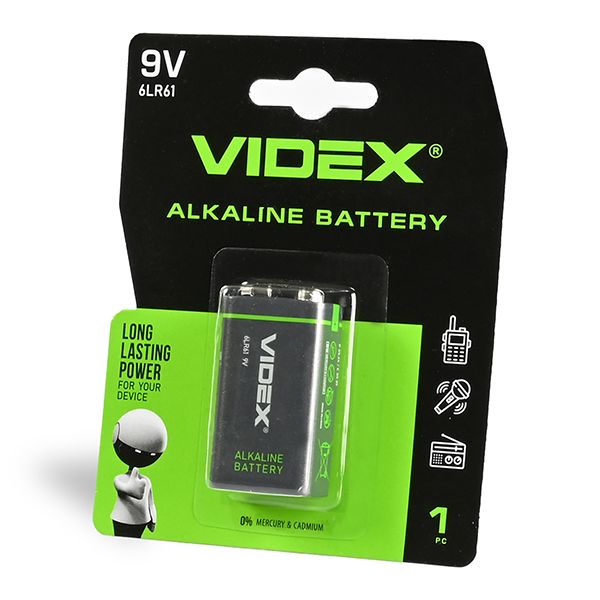 Батарейка лужна Videx 6LR61/9V (Крона) 1шт BLISTER(23235)