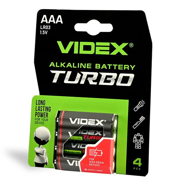 Батарейка лужная Videx LR03/AAA 1.5 V Turbo (4 шт/блс) LR03T/AAA 4B(27021)