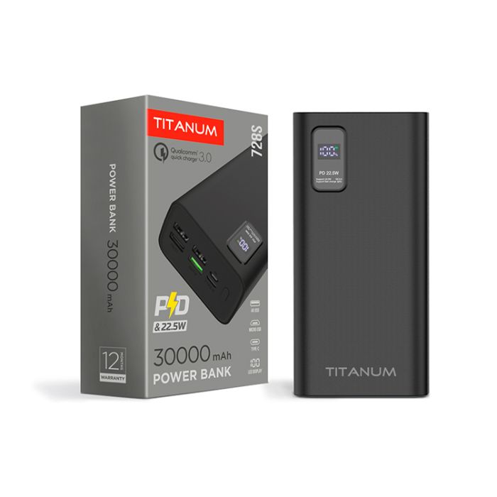 ПоверБанк Titanum 30000mAh TPB-728S-B 22.5W QS+PD чорний(TPB-728S-B)