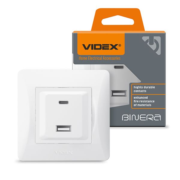 Розетка USB-A + USB-C PD20W біла VF-BNCHRUC20-W VIDEX BINERA(VF-BNCHRUC20-W)