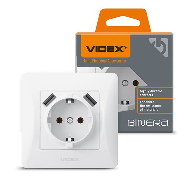 Розетка одинарна із заземленням і 2USB біла VF-BNSK1GU2-W VIDEX BINERA(VF-BNSK1GU2-W)